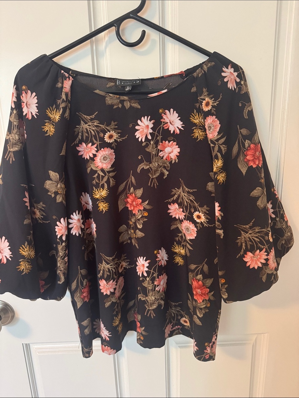 bobeau Black Floral Puff Sleeve Blouse with Pink & Brown Blooms